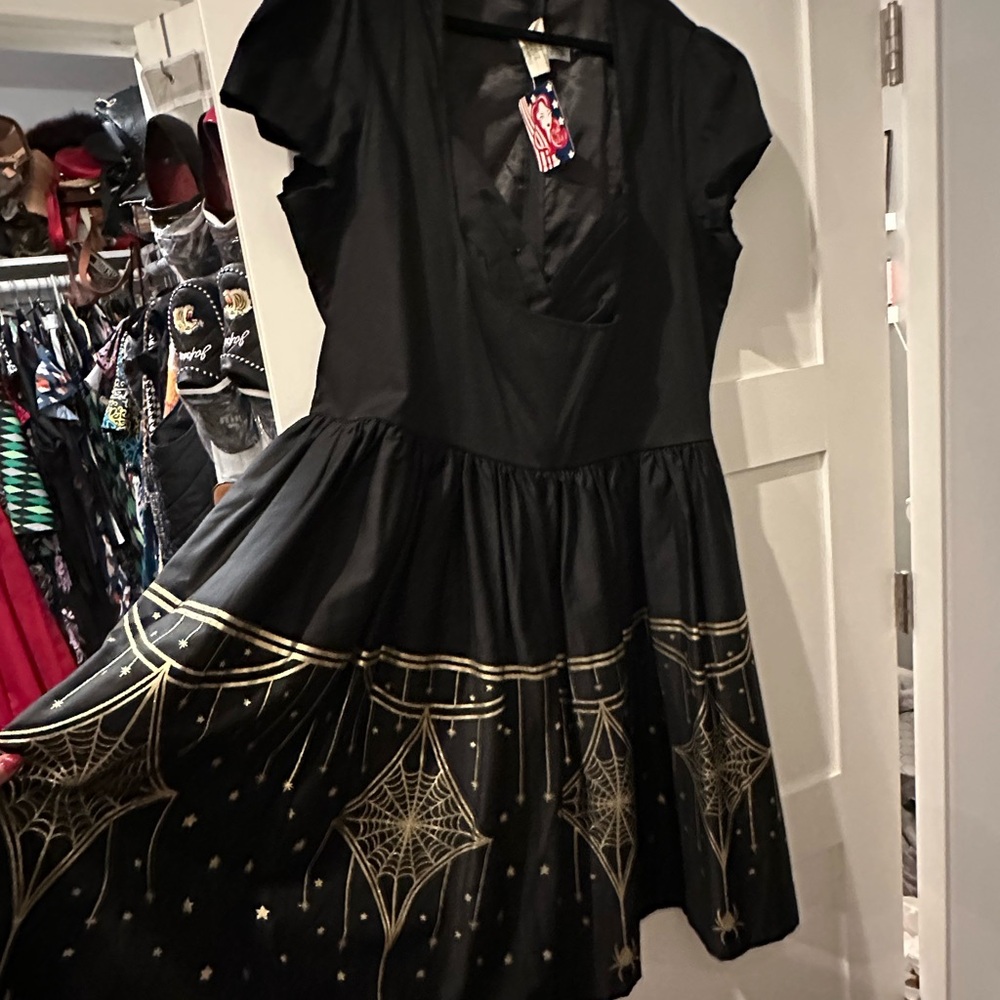Pinup Girl Clothing Size 4X Black and Gold Dress w/ Gold spiderweb design BNWT